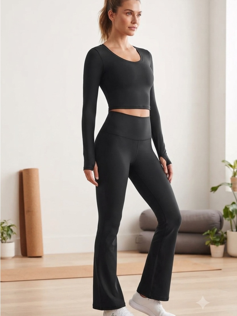 aerie Black High-Waist Flare Leg Active Pants